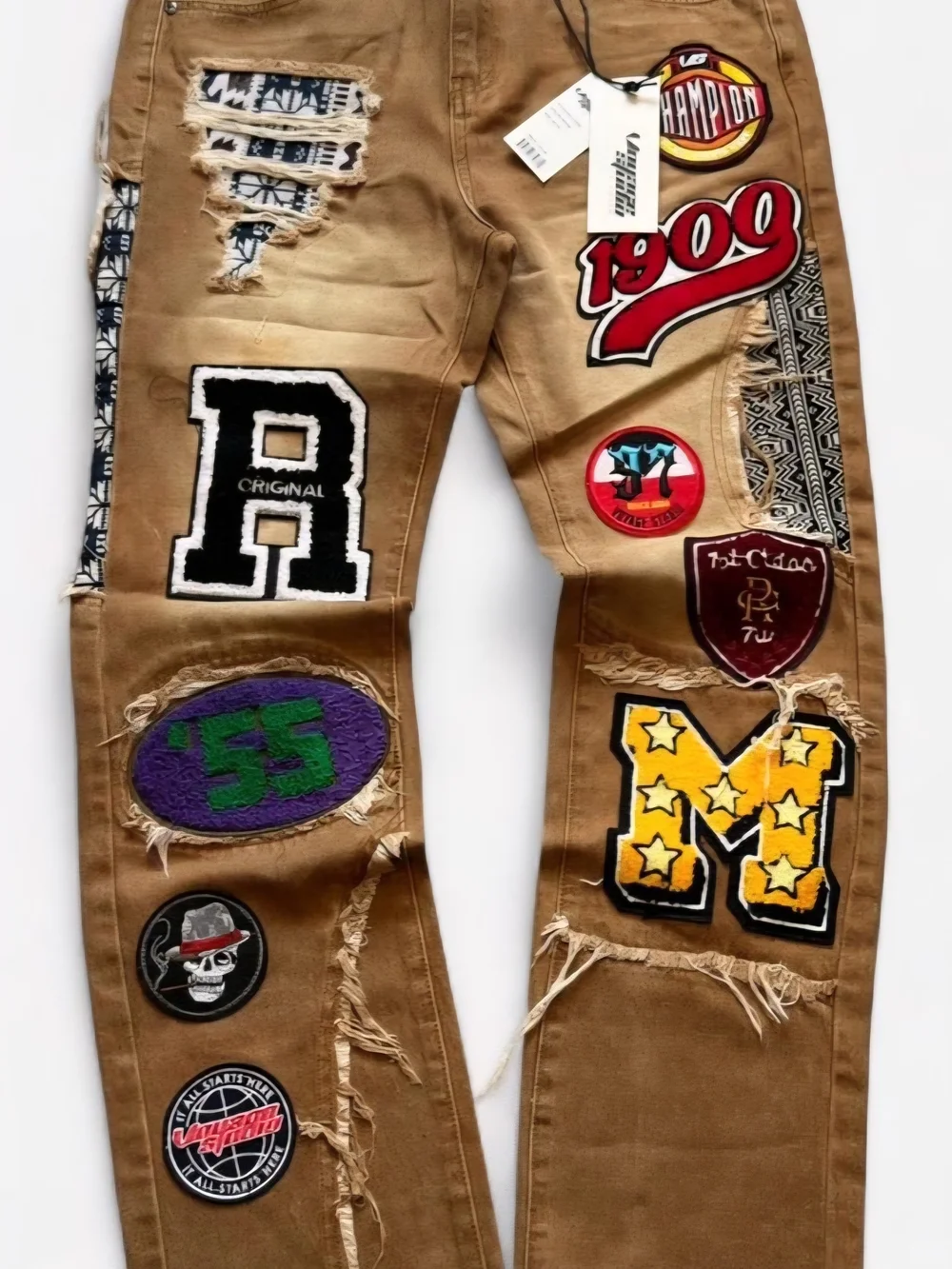 LG Men's Brown Straight Jeans with Multicolor Patchwork